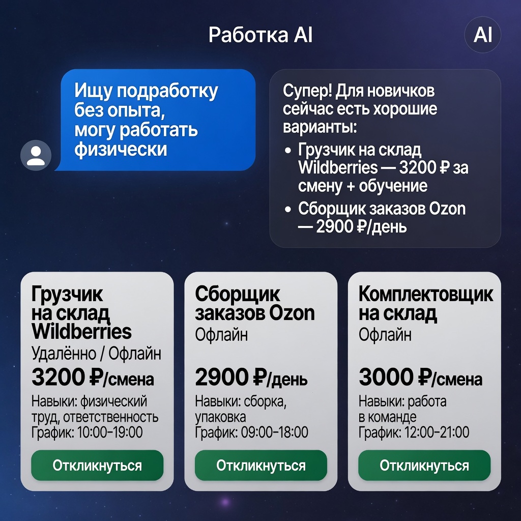 Пример чата с AI: подработка без опыта